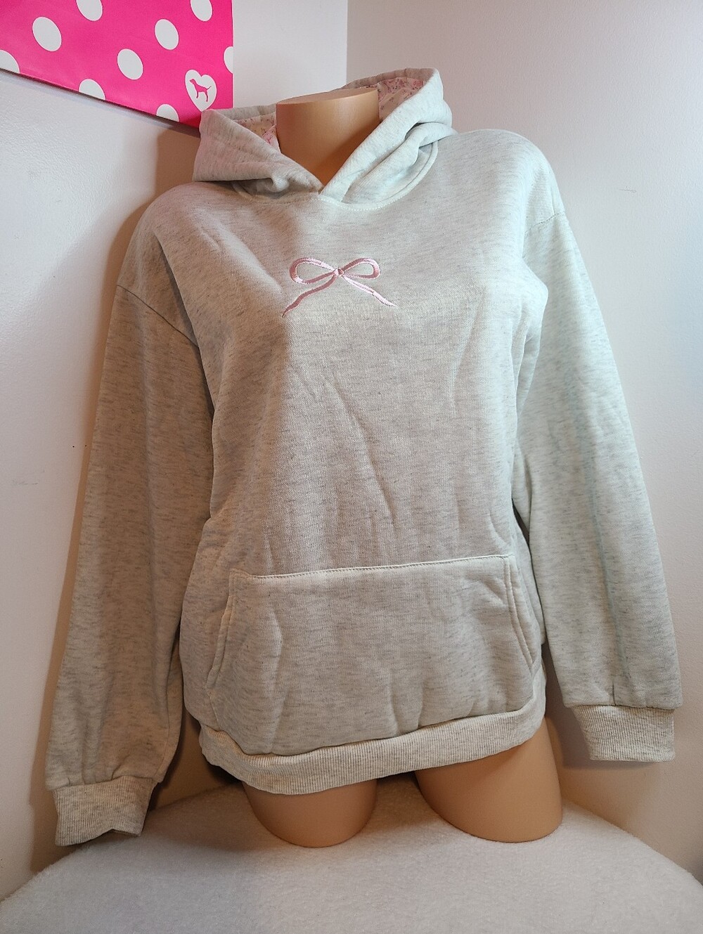 Women’s Light Gray Hoodie with Pink Bow Embroidery Size M